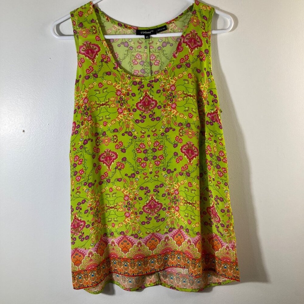Womens Tolani Silk Floral Blouse Sleeveless Green Pink XS #14‎
